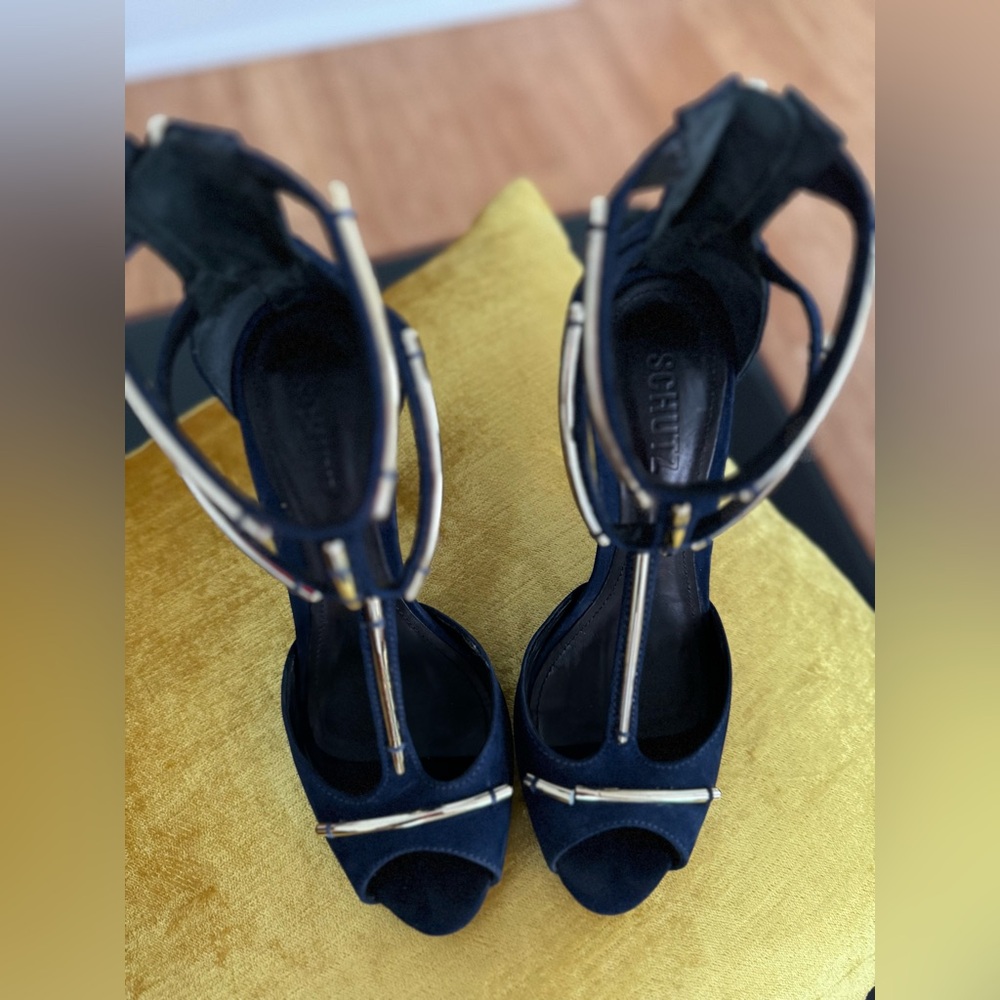 Schutz Sandalia Salto Alto Nobuck Sailfish heels navy/gold size 8 with box - Picture 16 of 16